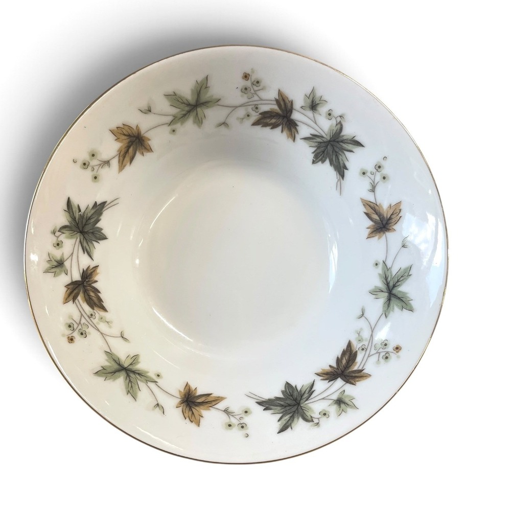 Wentworth Imperial Hawthorne Bowl 6.25" White Green Brown Leaf Gold Trim Japan